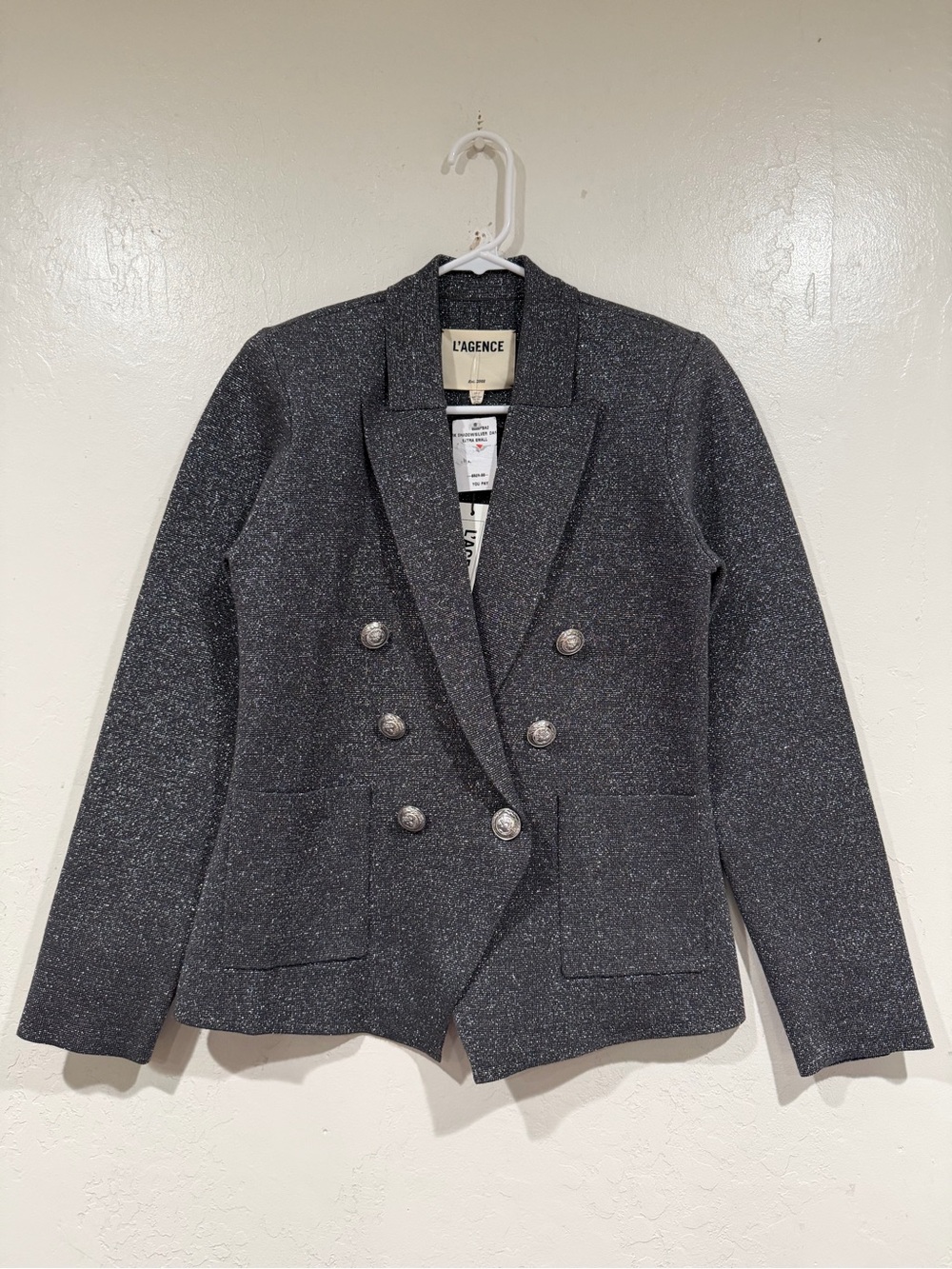 L'AGENCE Dark Shadow Silver Lurex Kenzie Metalic Knit Double Breasted Blazer NWT - Picture 2 of 7